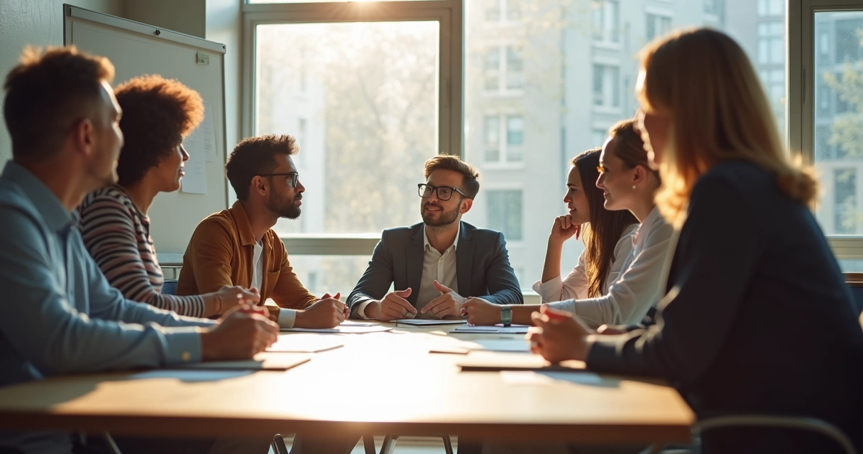 Líder conversando com colaboradores em sala de reunião moderna 