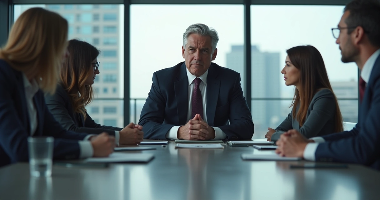 Directivo de empresa mirando hacia abajo pensativo en sala de reuniones 