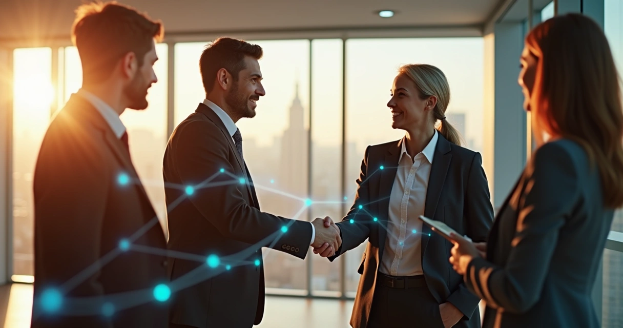 Líder empresarial interactuando con equipo, representación de conexión humana. 