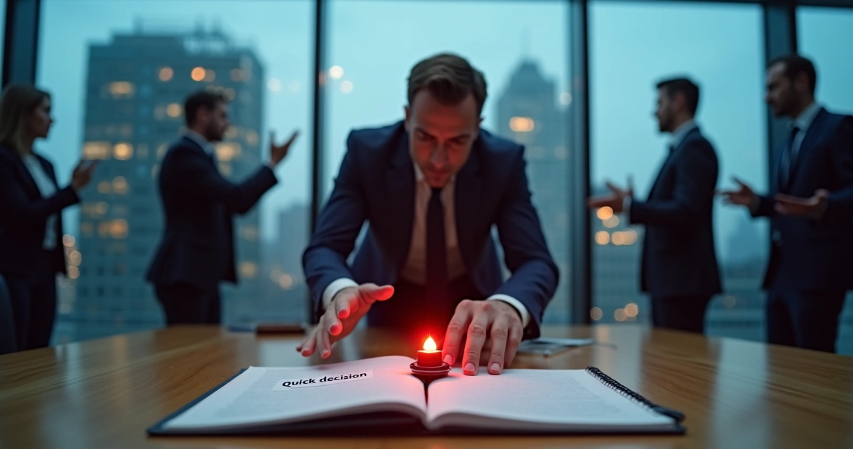 Executivo diante de botão vermelho de decisão rápida e bússola ética sobre a mesa 