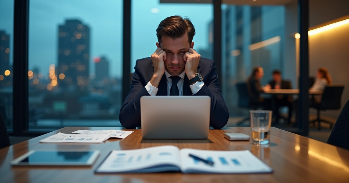 Líder empresarial sentado à mesa de reunião analisando decisão difícil 