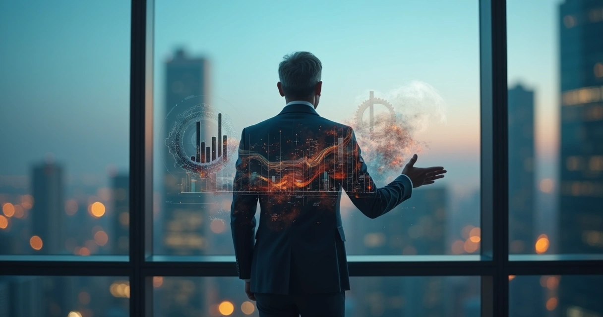 Líder empresarial olhando pela janela com dupla exposição de engrenagens e ondas emocionais 