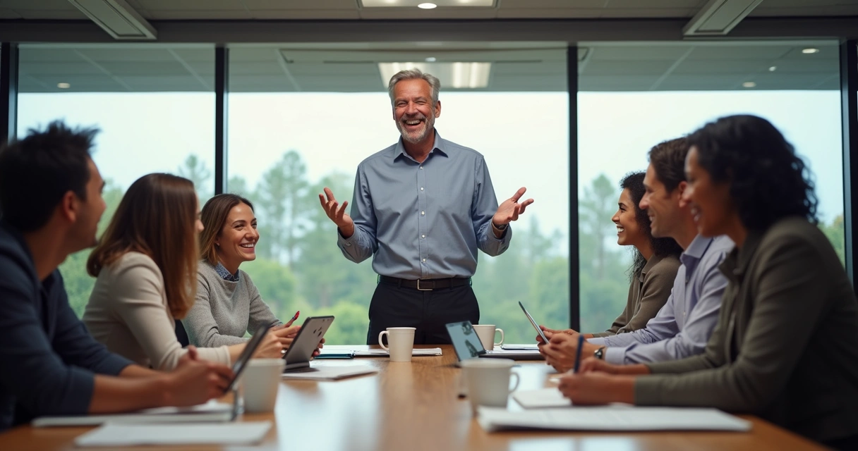 Líder empresarial sorrindo conduz reunião com equipe motivada 
