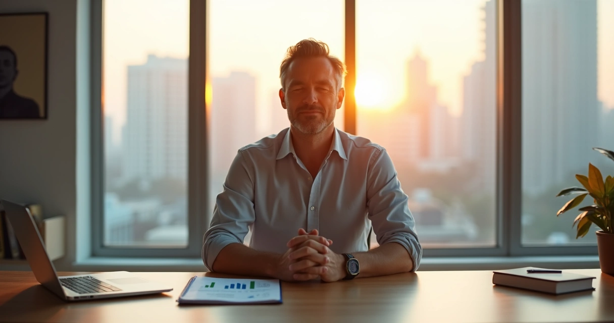 Líder empresarial con expresión serena rodeado de elementos visuales que simbolizan equilibrio emocional 