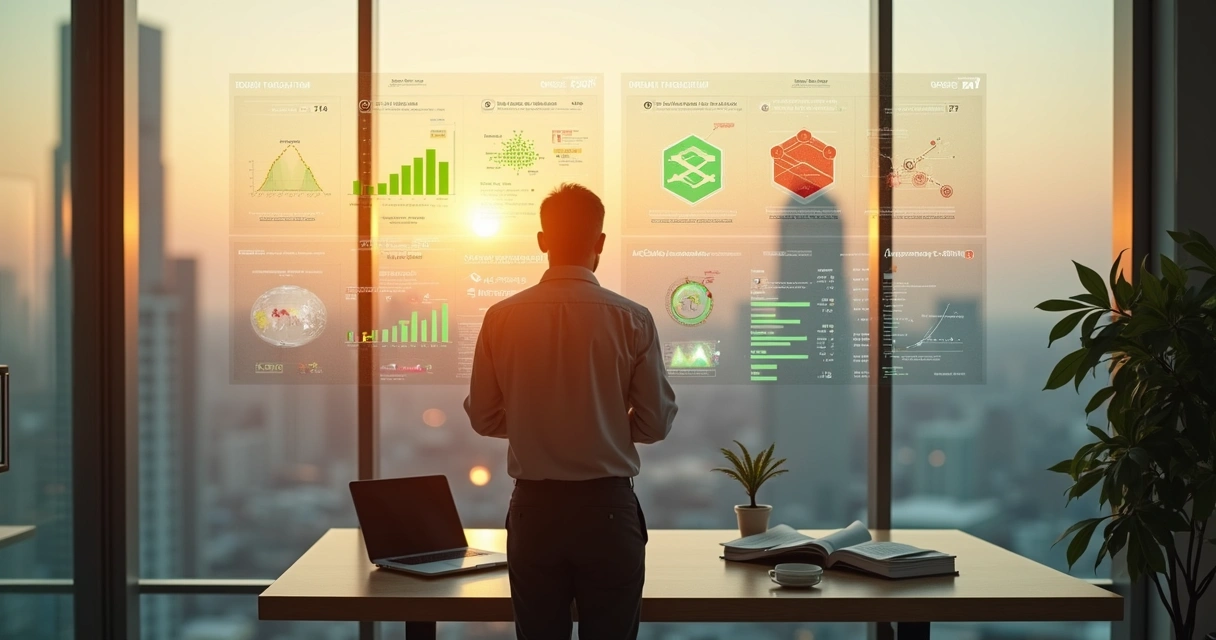 Líder empresarial observa painel com sinais de estresse sistêmico 