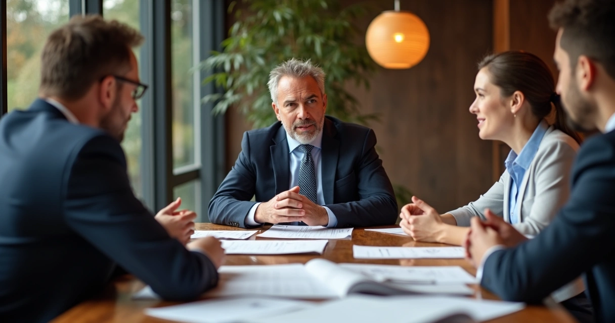 Líder organizacional en mesa de trabajo con equipo diverso y luz cálida