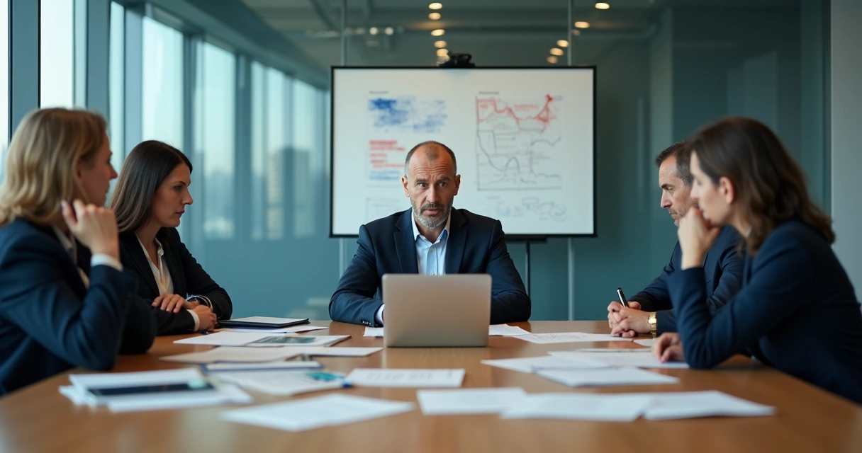 Líder em reunião de negócios com expressão tensa e equipe desconectada ao redor da mesa 