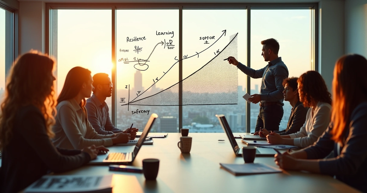 Líder empresarial orienta equipe diante de mural com equações e gráficos 