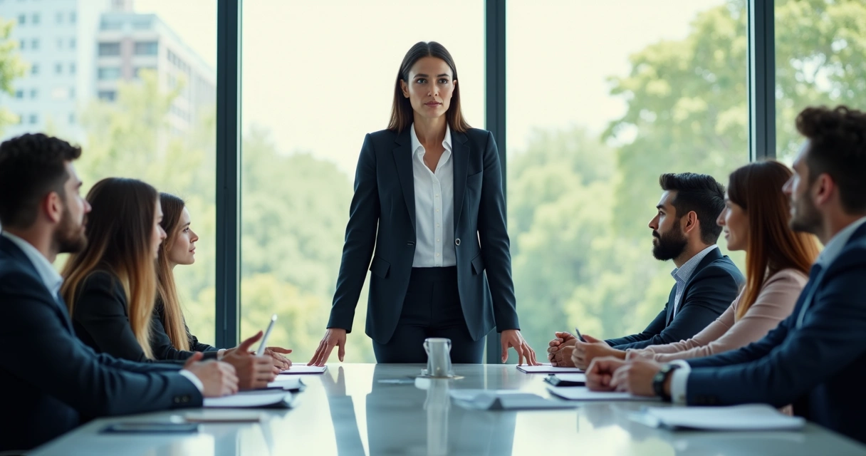 Mulher em terno conduzindo reunião de equipe em escritório moderno 