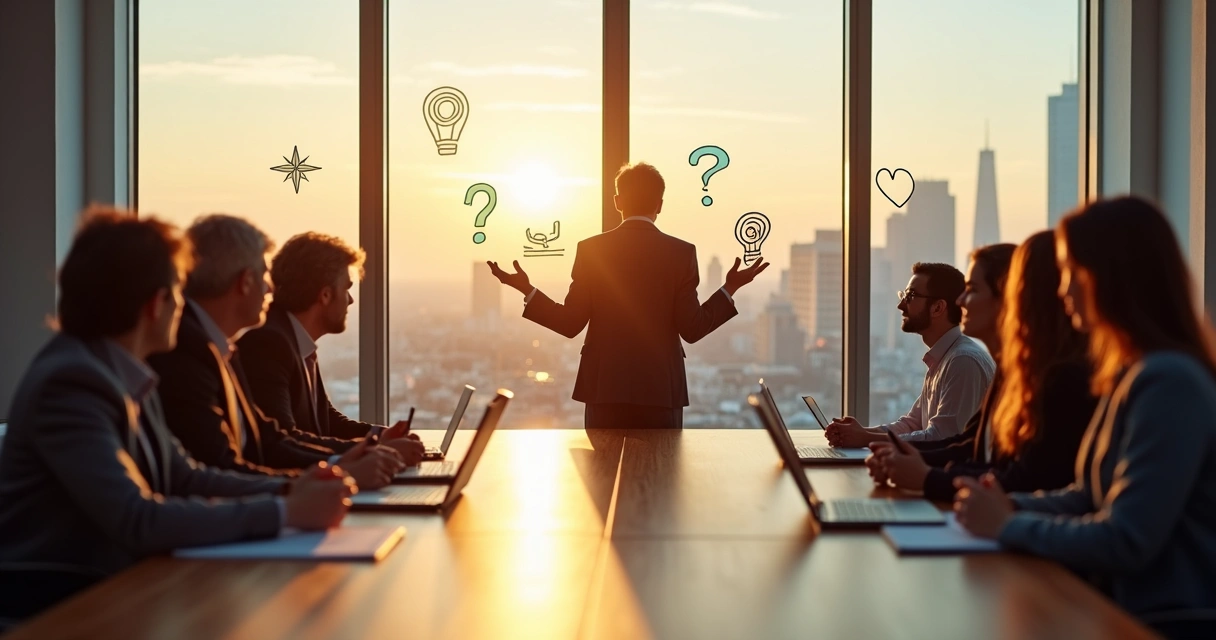 Líder empresarial em reunião refletindo sobre propósito com equipe 