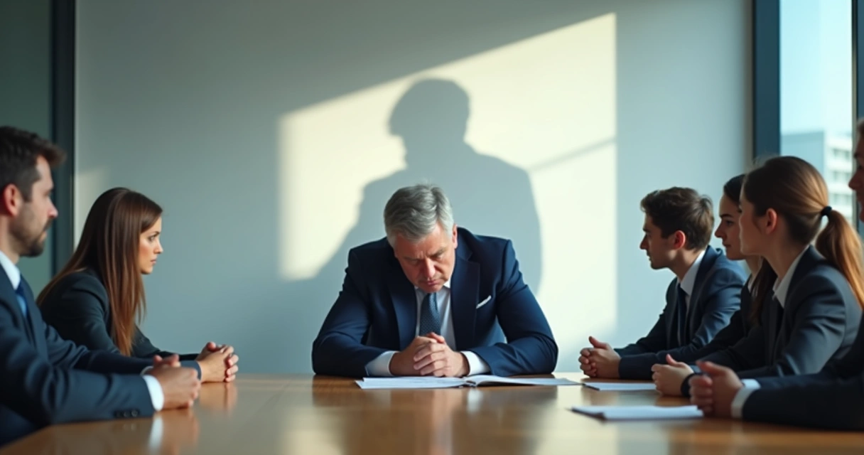 Líder empresarial cabizbajo frente a su equipo proyectando una gran sombra 