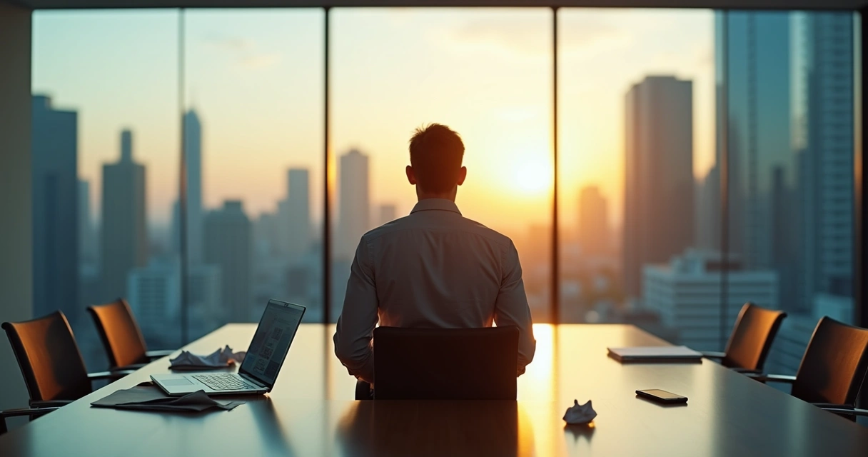 Líder en crisis practicando meditación en una sala de reuniones moderna 