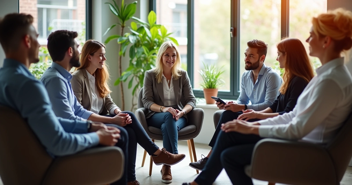 Grupo de líderes e equipe em círculo, conversando em ambiente de trabalho