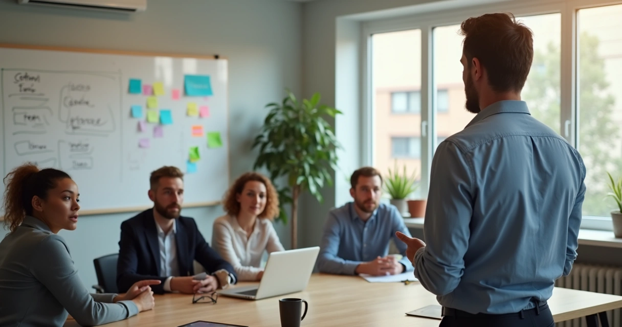 Líder falando e colegas atentos ao redor dele em sala de reuniões 
