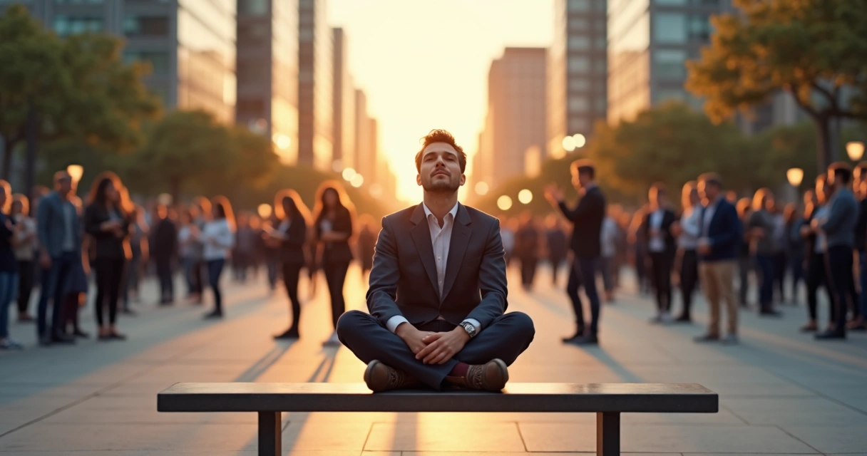 Líder sereno en medio de presión social representada por múltiples personas opinando alrededor 