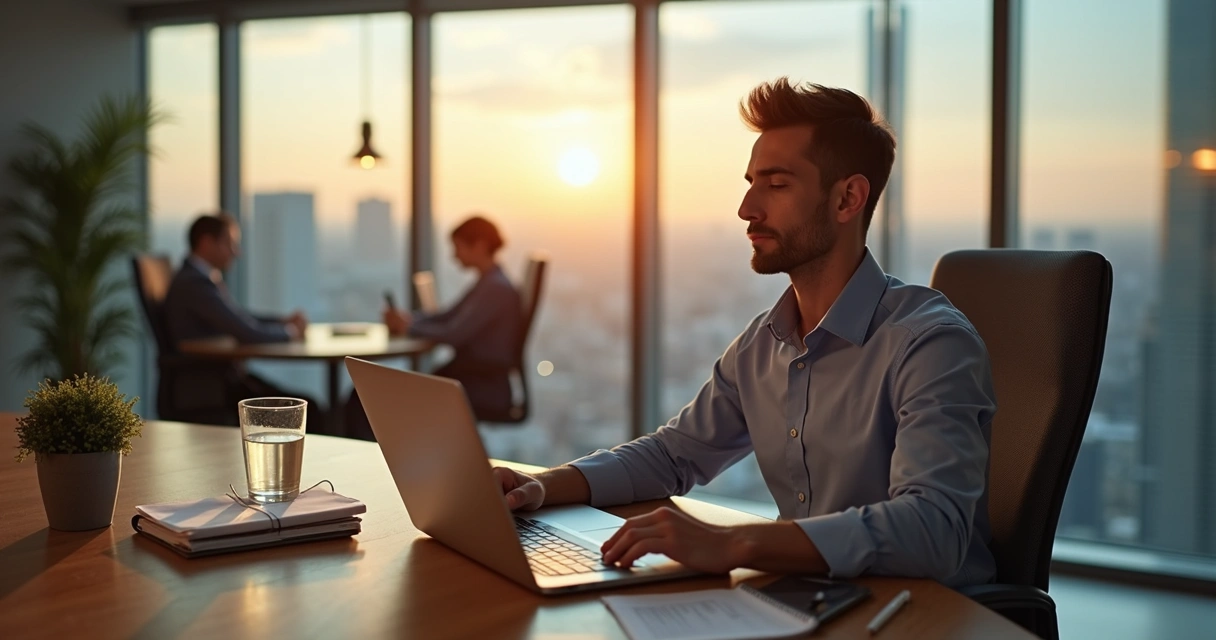 Líder sereno en oficina equilibrando trabajo y bienestar mental 