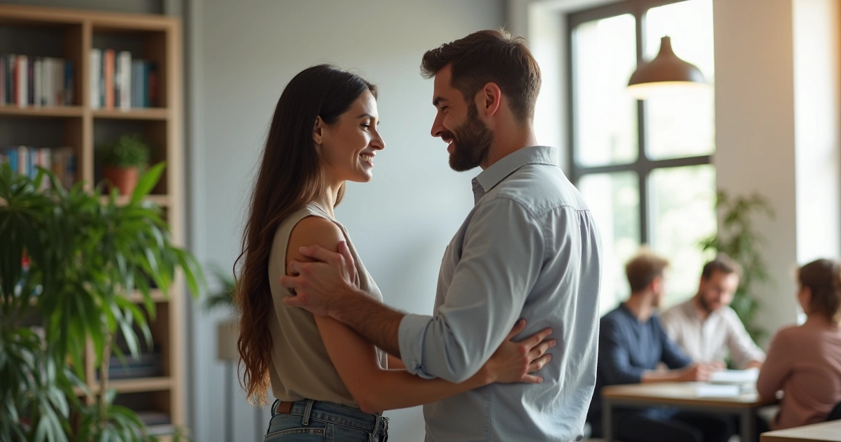 Líder conversa com membro da equipe em pé, demonstrando empatia e apoio.
