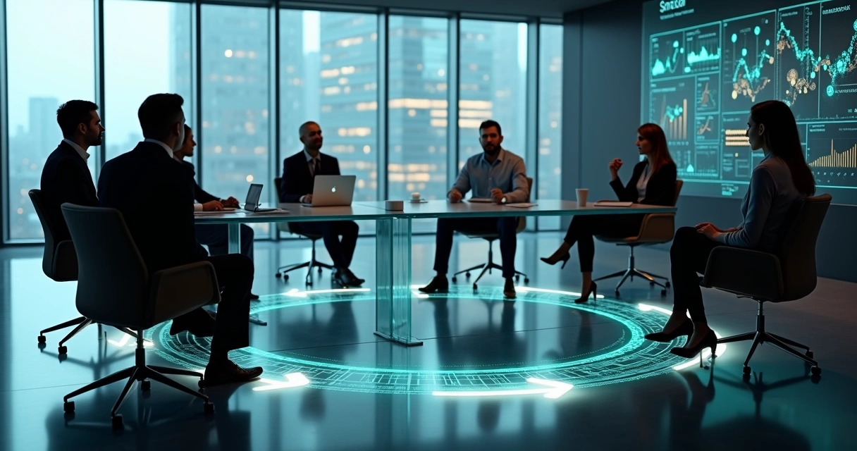 Líder observando equipe em círculo com fluxo de setas representando ciclos sistêmicos 