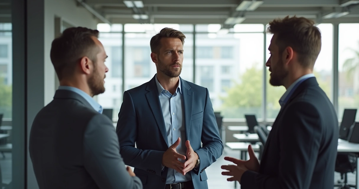 Líder ouvindo dois colegas discutindo em escritório