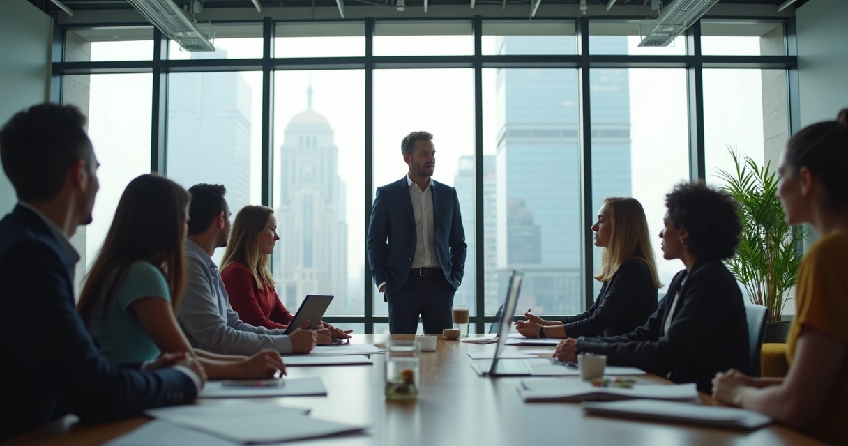 Líder conduz equipe em ambiente moderno 