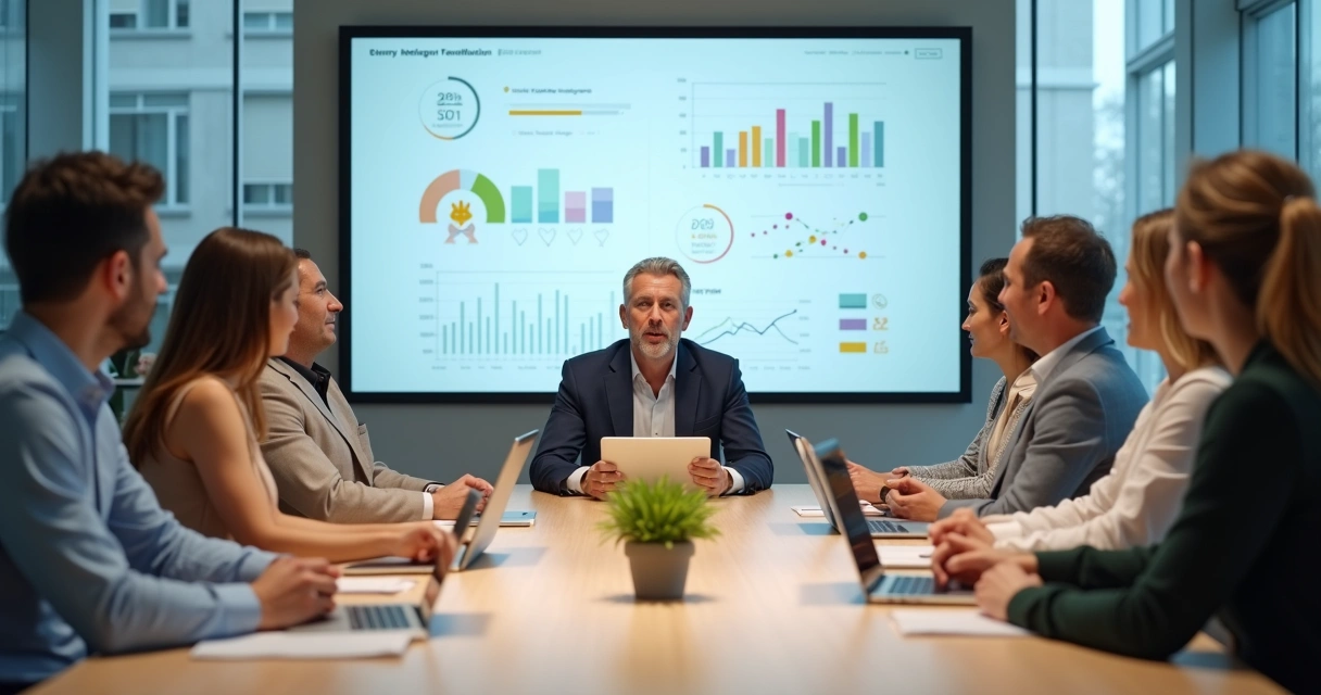 Líder em reunião com equipe diversa em ambiente moderno, focado em escuta e conexão emocional 
