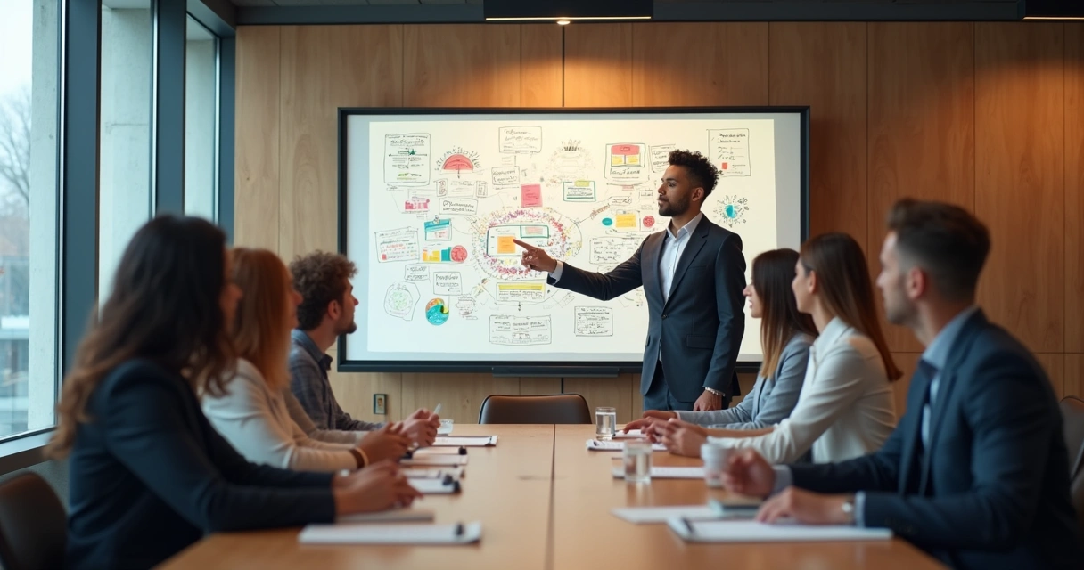 Líder orientando equipe em sala de reunião, com quadro de ideias e expressão de foco 