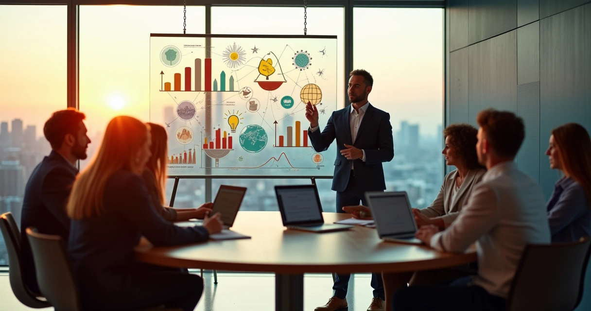 Líder apresentando gráficos para equipe em roda de conversa em escritório moderno 