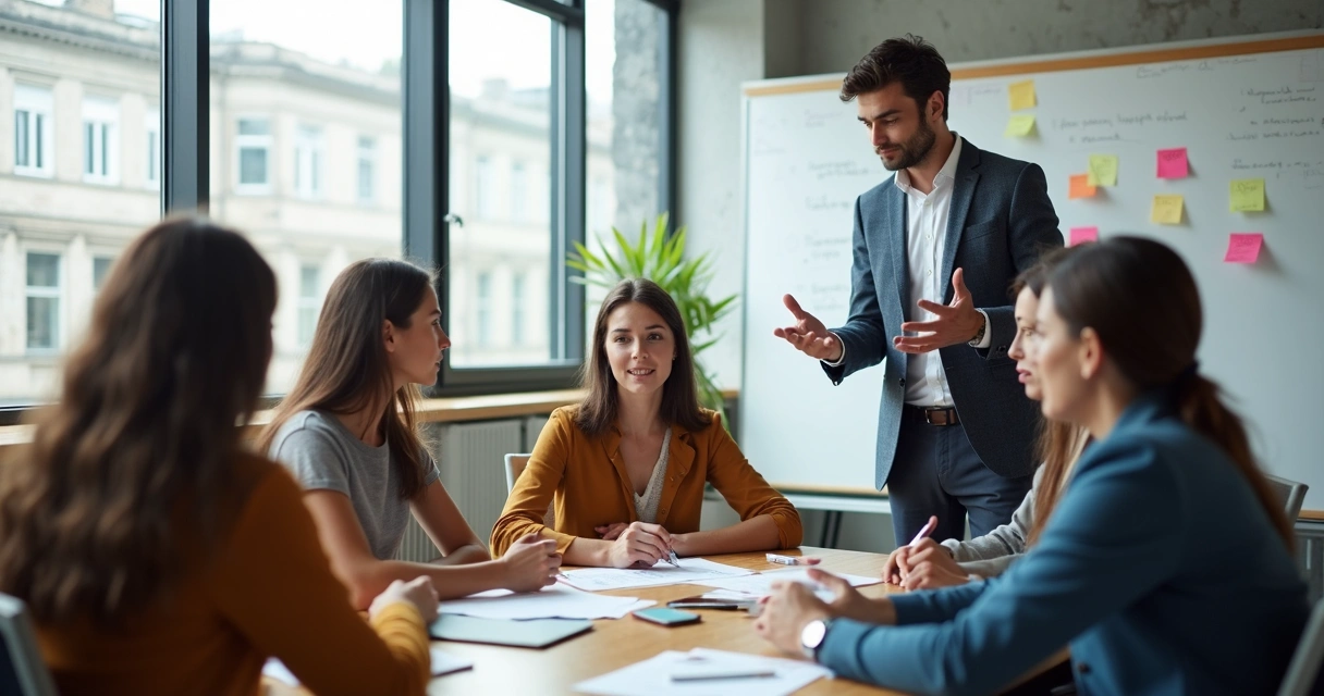 Líder conversando com equipe em reunião informal