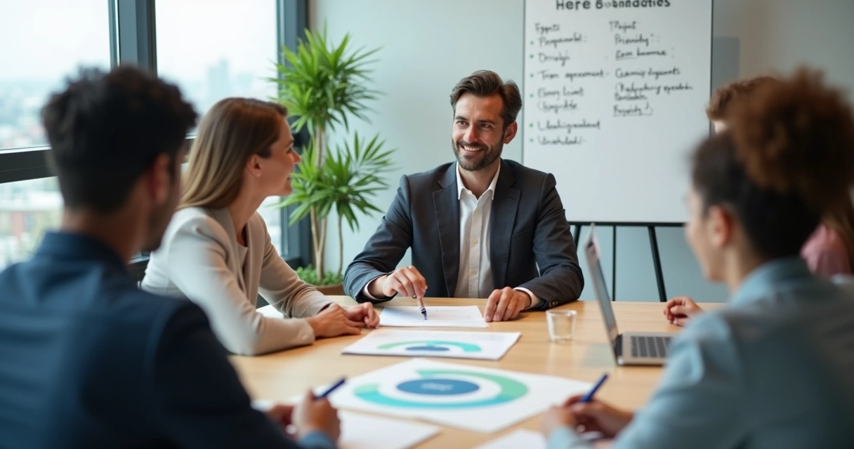 Líder conversando com equipe em escritório colocando limites de forma calma e profissional 
