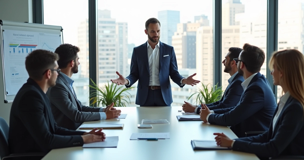 Líder conversando com equipe em sala de reunião com gestos ilustrando limites 