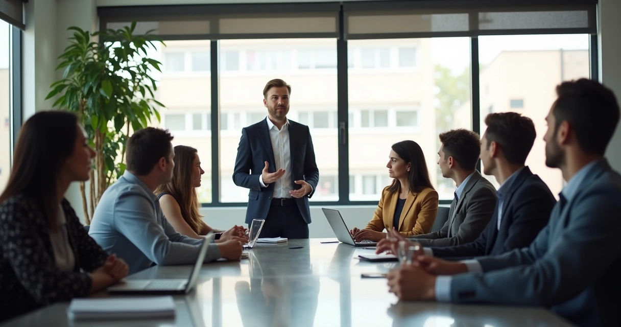 Equipe de trabalho reunida ouvindo líder atento 