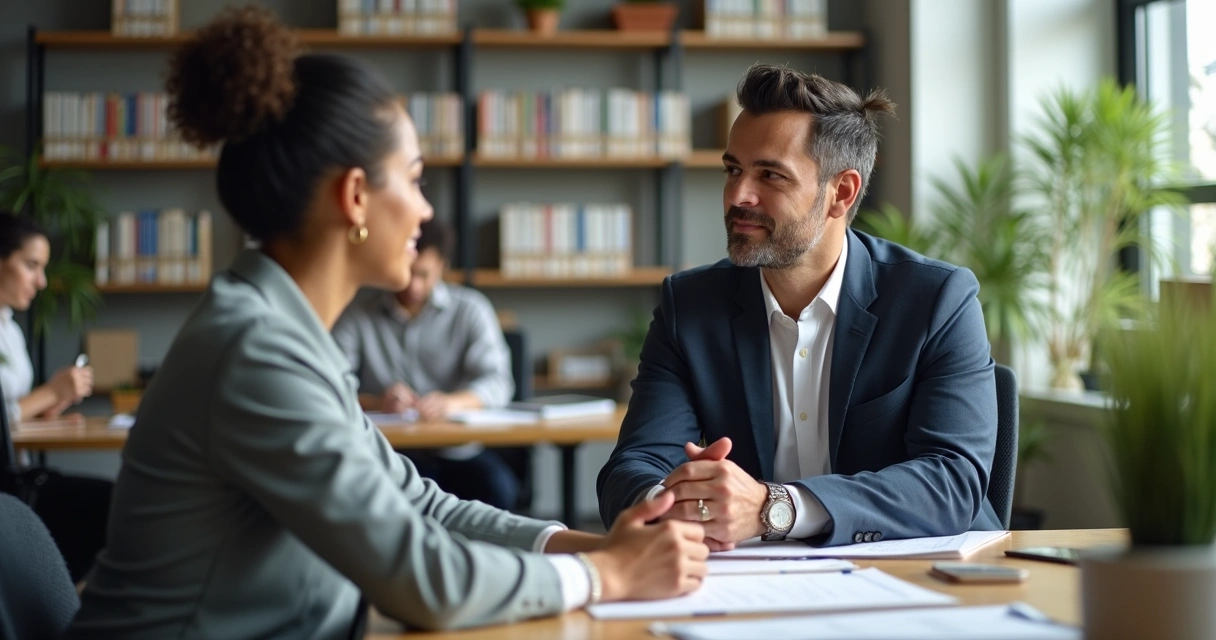 Líder conversando de perto com membro da equipe em ambiente de trabalho 