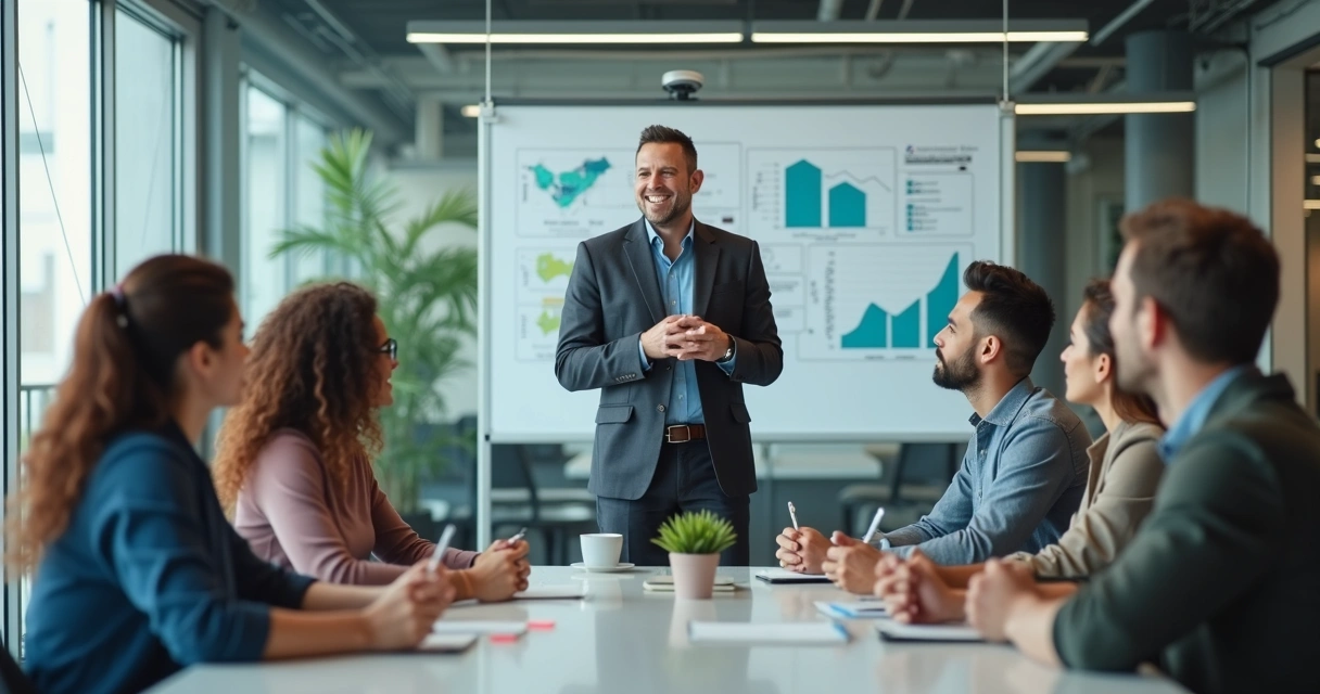 Líder de equipe dialogando com grupo diverso no escritório 