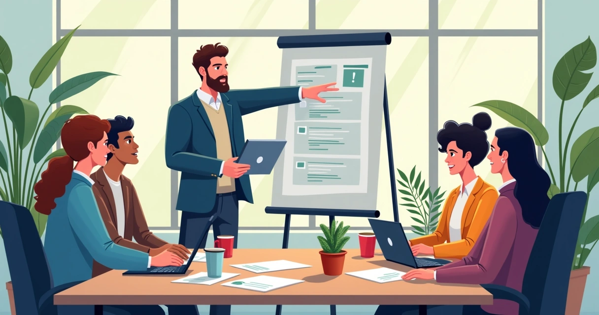 Líder de equipe apresentando novos projetos para membros do time