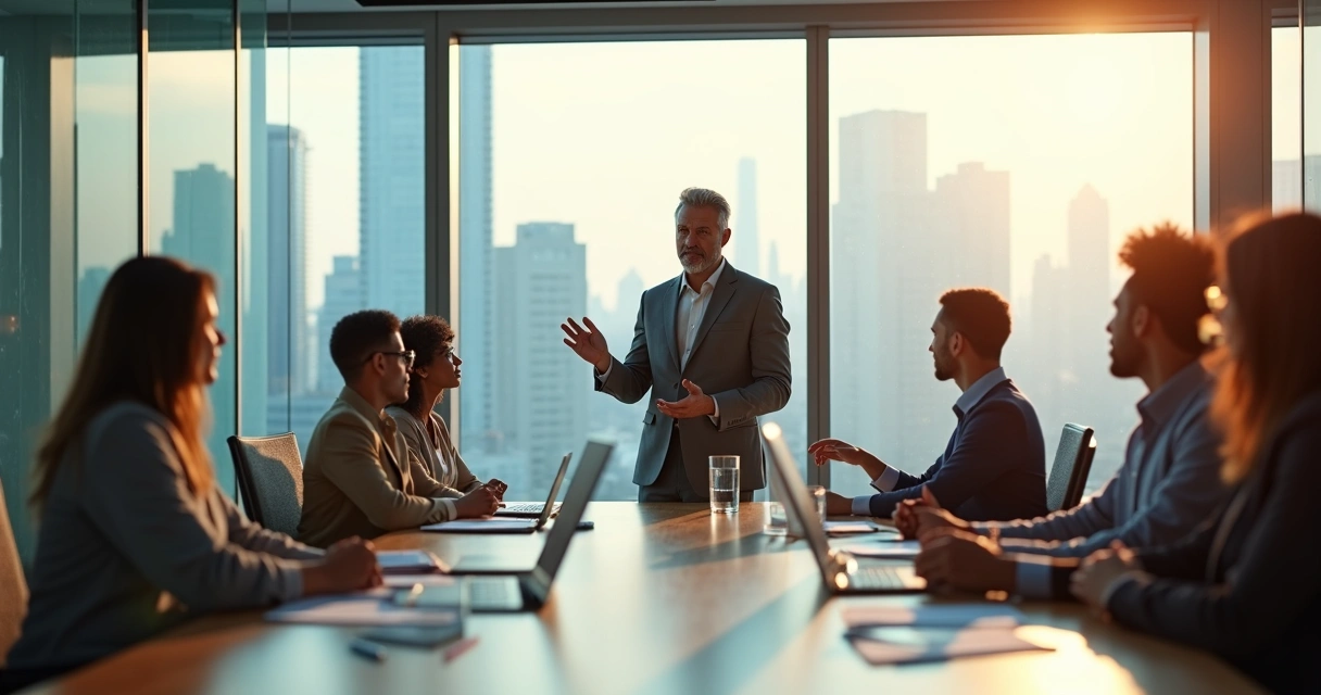 Líder em reunião com equipe em mesa de escritório moderna com reflexo dividido entre sombra e luz 