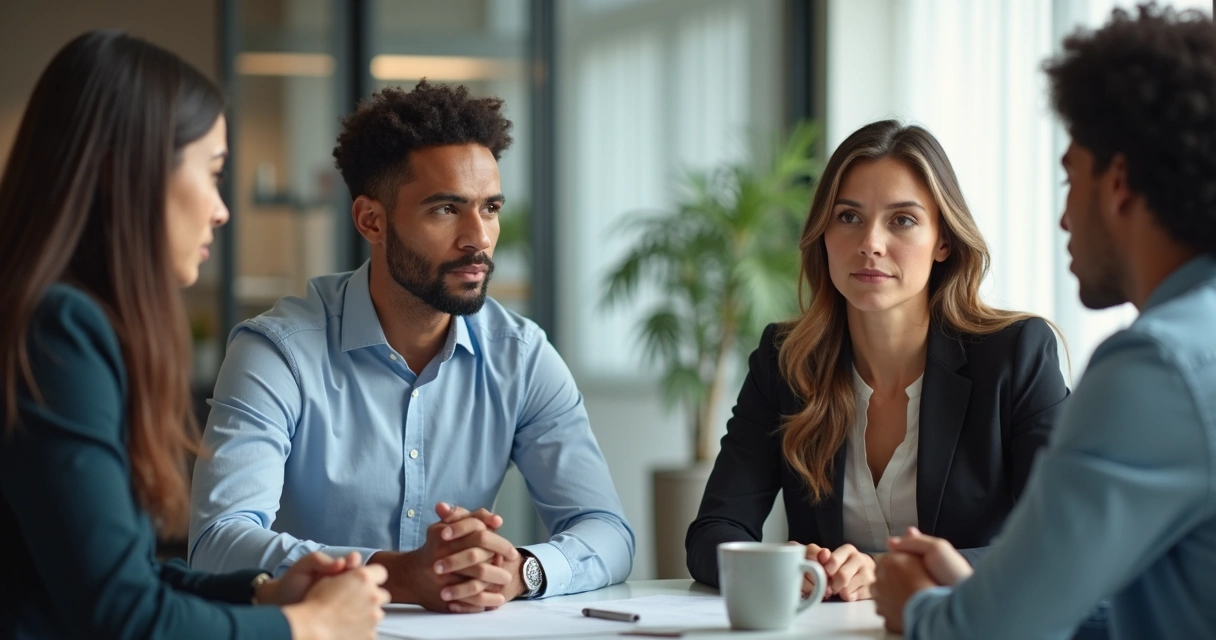 Líder escutando com empatia uma equipe em reunião 