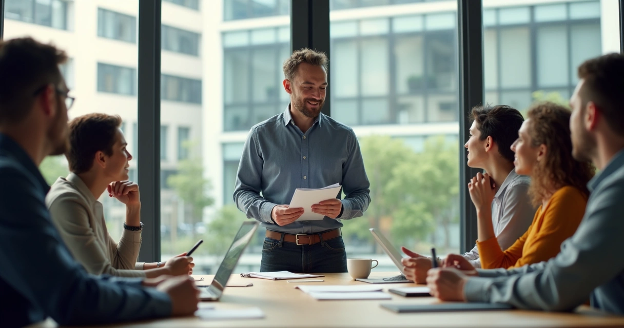 Líder segura caderno enquanto conversa com equipe reunida em volta de uma mesa ampla, ambiente claro 