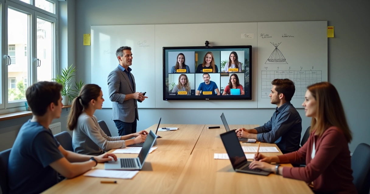 Líder de PME conduzindo reunião com parte da equipe na sala e parte na tela 