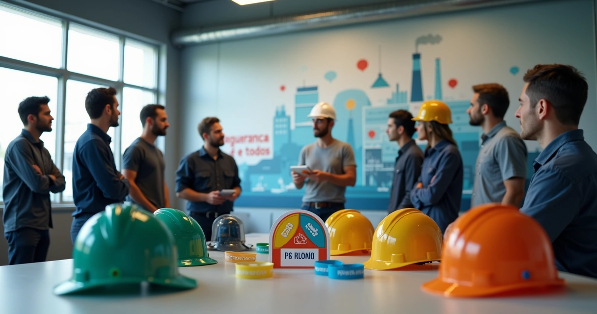 Líder reunindo equipe industrial em círculo com crachás coloridos de segurança 