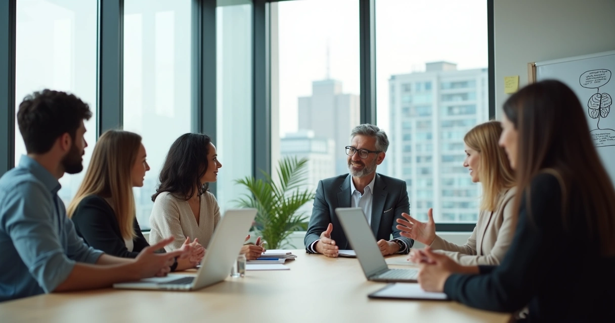 Líder em reunião com equipe diversa mostrando liderança com inteligência emocional 