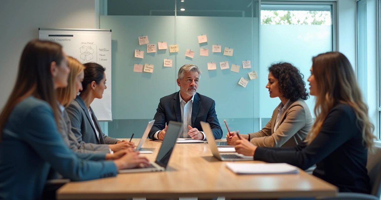 Líder conversando com equipe em reunião equilibrada em escritório moderno 