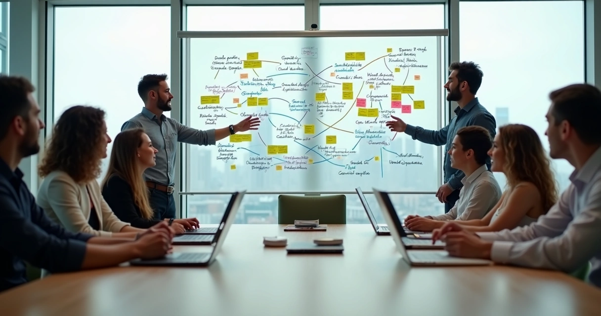 Líder e equipe analisando crenças organizacionais em quadro de perguntas-chave 