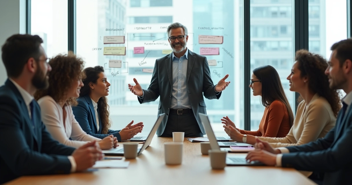 Líder em reunião com equipe diversa em ambiente moderno e colaborativo 