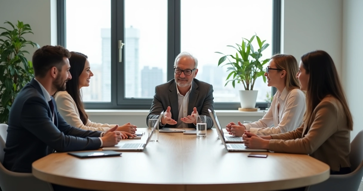 Líder sentado em mesa redonda conduzindo reunião calma com equipe diversa em escritório moderno 