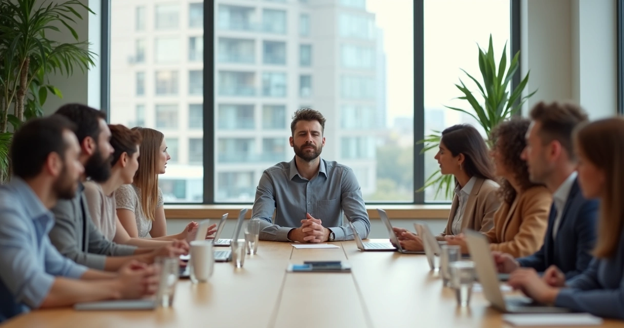 Líder sentado em sala ampla respirando fundo diante de equipe numerosa em reunião 
