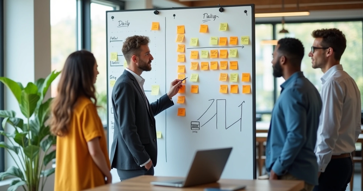 Líder ao lado de equipe observando painel com post-its coloridos em escritório moderno 