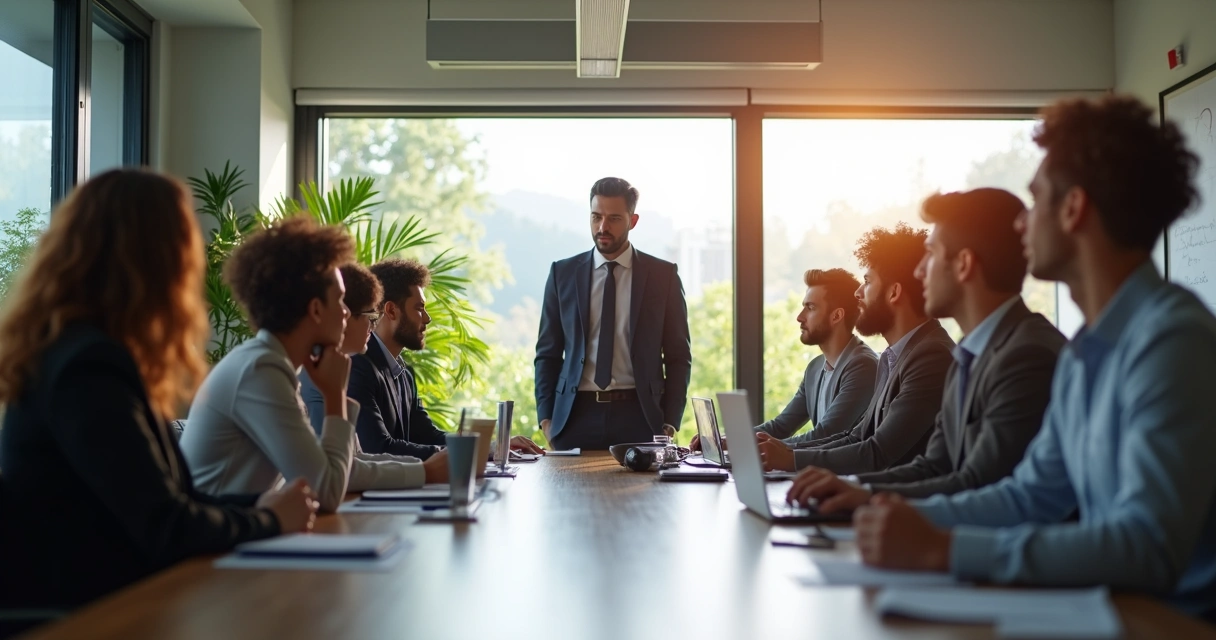 Líder e equipe em momento de reflexão em sala de reunião 