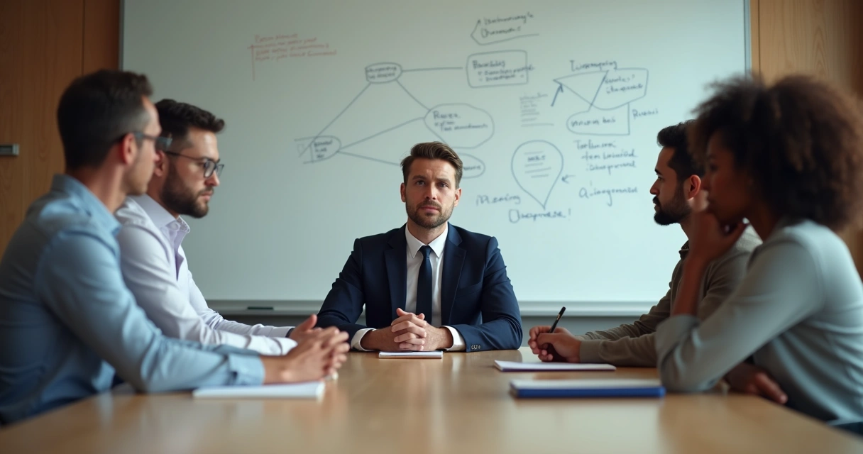 Líder refletindo em sala de reunião junto à equipe, todos imersos em atmosfera de introspecção e silêncio.