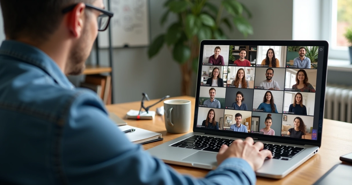 Líder em videoconferência criando conexão autêntica com equipe remota 