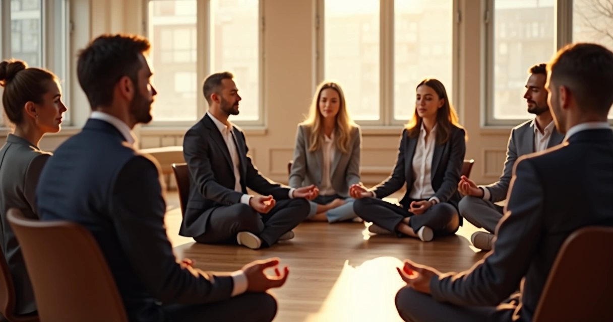 Grupo de líderes sentados em círculo praticando respiração consciente em sala iluminada
